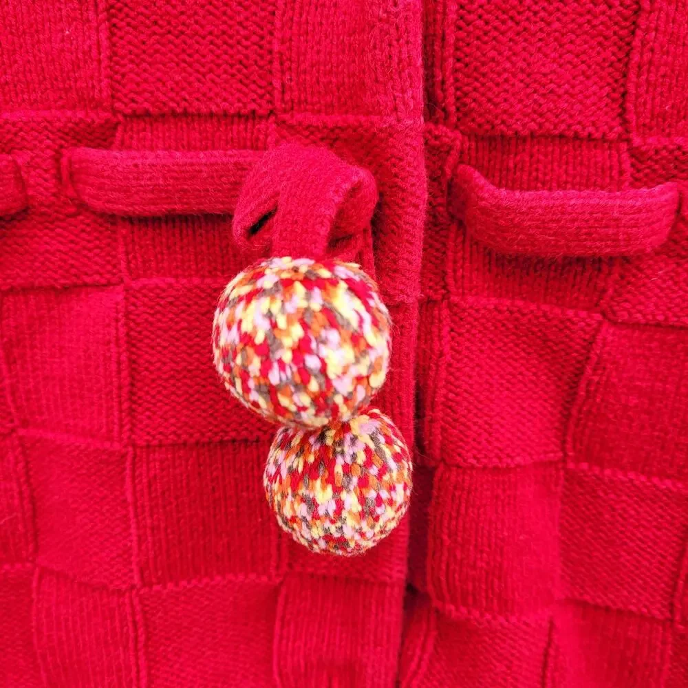 Gymboree Girl's Red Basketweave Button Front Sweater Holiday Pom Poms sz Small